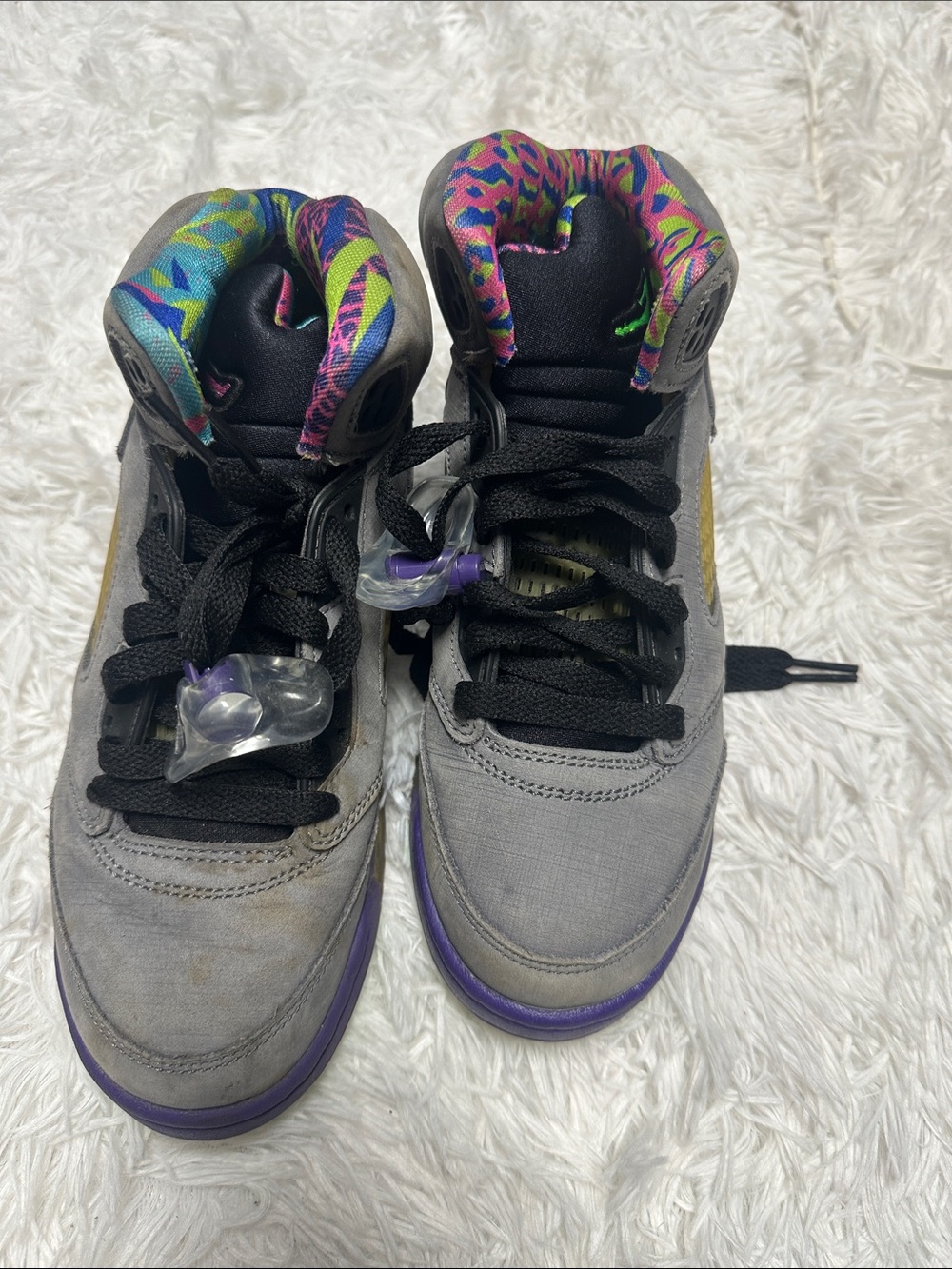 Jordan Kids Gray and Purple High-Top Sneakers with Multicolor Lining